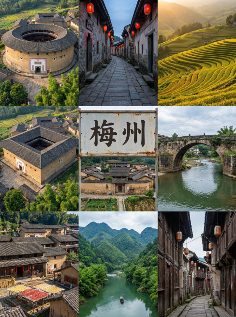 你的任务
帮我制作5份由地区特色景象结合出来的风景宣传照片，并在图片中心用文字标上主要地点（只要一个），宣传照片由当地景色的2张或者4张或者6张或者9张照片结合而成
#备注
要求图片写实，使用香蕉2.预览效果
