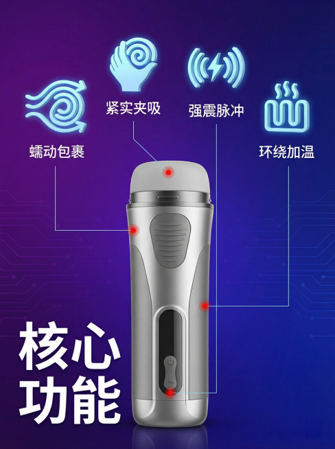[主图 2] 飞机杯核心功能卖点解析图
[氛围风格] 现代科技实验室风，紫蓝科技渐变背景，硬核质感
[画面元素] 商业摄影质感、光线柔和通透、产品清晰真实、画面干净高级。产品放置在画面下方居中，画面上预览效果