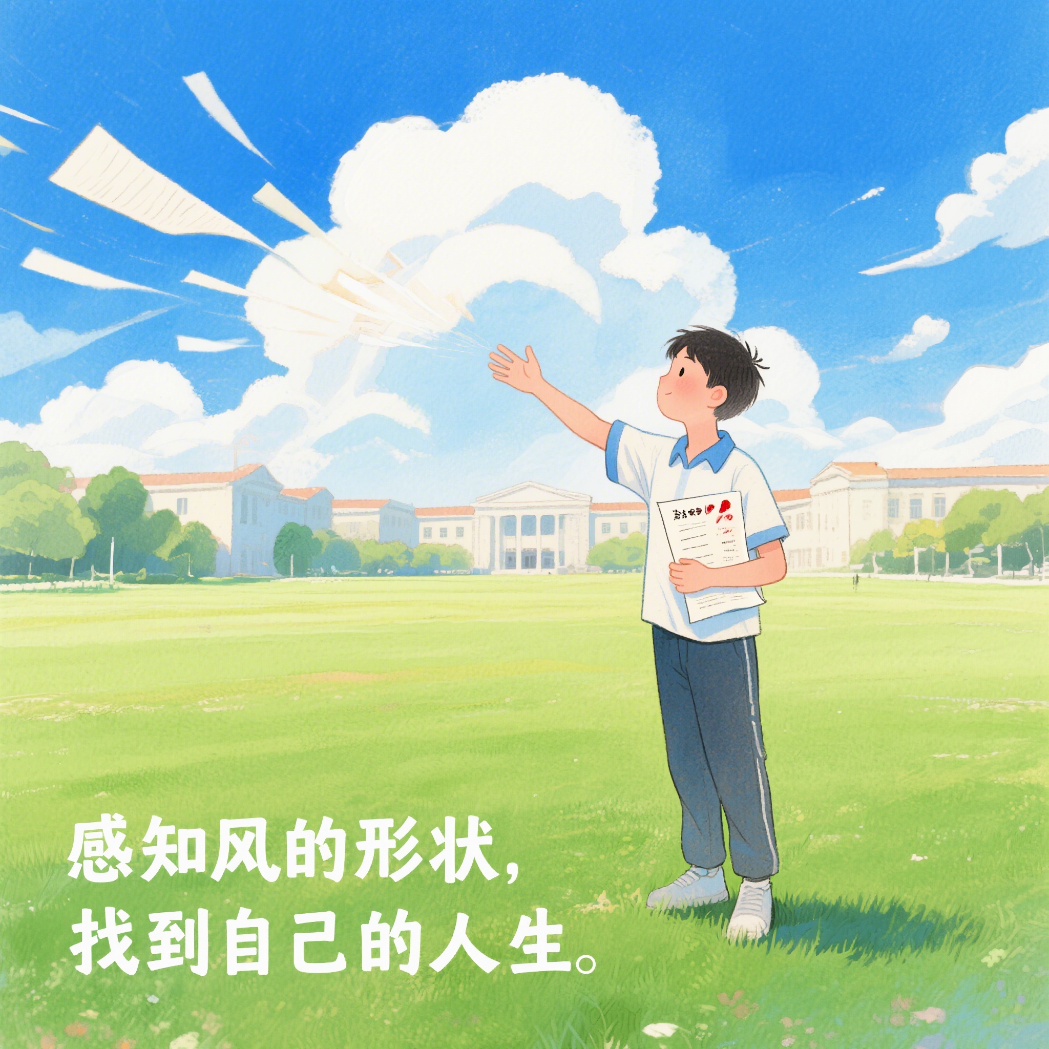 小清新绘本风格，画面里一个曾经抱着满分试卷的少年，站在大学的开… - 图片创意预览
