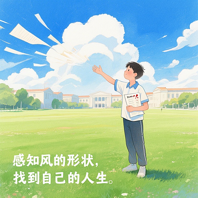 小清新绘本风格，画面里一个曾经抱着满分试卷的少年，站在大学的开阔草坪上，放下试卷，伸手去感受风的方向，背景是飘着云朵的蓝天，画面下方有文字“感知风的形状，找到自己的人生”