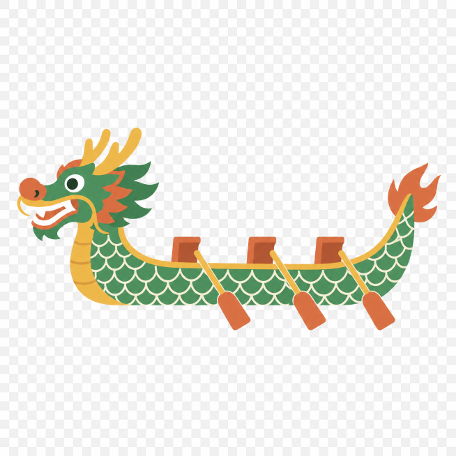 端午传统龙舟矢量插画，和参考粽子同样的扁平化设计风格，干净线条，纯色块，透明背景，输出为png格式素材预览效果
