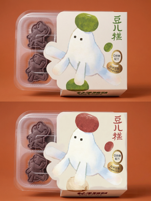 纯色背景，对两款豆儿糕透明包装进行商业精修，超清画质，智能降噪，细节锐化，8k分辨率，优化色彩和质感，商业棚拍光，体积光，柔和阴影，还原透明塑料包装和豆儿糕点心的真实质感，保留包装上所有插画、文字信息预览效果