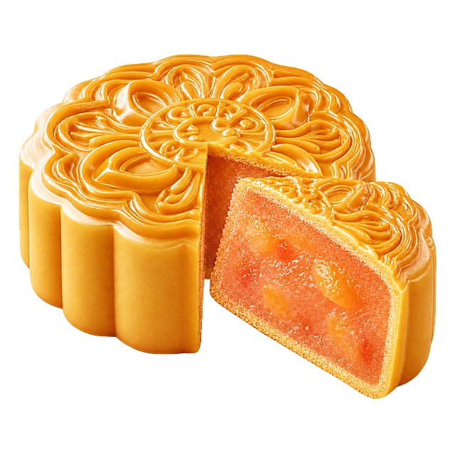 保持原图月饼的外形、雕花花纹、整体形状完全不变，保持3D写实质感不变，外皮保持金黄色，将切开的部分内部替换为水果馅料，馅料呈现橙粉色细腻的水果果肉质地，隐约可见水果颗粒，清新的果味质感，不添加任何场景和背景，保持白色背景，只修改内部馅料为水果馅，外皮形状花纹完全不变