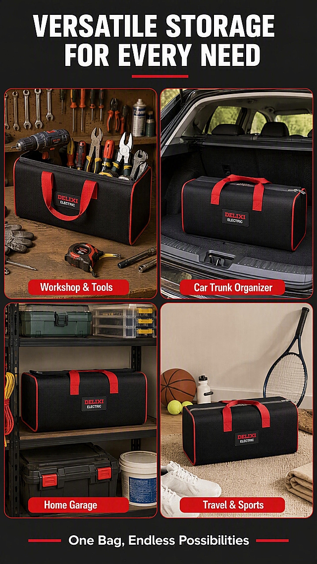 [第3张] Multi-scene application showcase for DELIXI storage bags. This image uses [image1] as product reference, showing the bags in different usage scenarios.
[Atmosphere/Style] Lifestyle industrial style, real scene photography, practical and functional atmosphere, relatable everyday scenarios.
[Element Layout] 2x2 grid layout with 4 scenes, each showing a storage bag in use: Top-left - workshop/garage with tools inside the bag; Top-right - car trunk organization; Bottom-left - home garage storage shelf; Bottom-right - travel/sporting gear storage. Each scene features the black DELIXI bag with red handles clearly visible. Product appearance must match input image exactly.
[Lighting] Natural ambient lighting for each scene, warm workshop lighting, bright daylight in car trunk, soft home lighting, overall bright and inviting.
[Color Scheme] Global frame background dark gray #333333; each scene has its own natural colors; unified red #E60012 accent borders and labels; white text overlays.
[Perspective] Four equal quadrants, each with its own perspective (eye-level, slightly elevated), clear product visibility in each scene.
[Text Layout] Top center main title "VERSATILE STORAGE FOR EVERY NEED" in bold white with red underline. Each scene has a small label at bottom: "Workshop & Tools", "Car Trunk Organizer", "Home Garage", "Travel & Sports". Bottom tagline: "One Bag, Endless Possibilities". All text in English.
[Proportion/Resolution] 9:16 vertical ratio, 4K resolution, clear legible text, high definition quality.
[Negative Prompt] Deformed bags, wrong product appearance, watermark, garbled text, Chinese characters, blurry scenes, wrong logo, messy composition