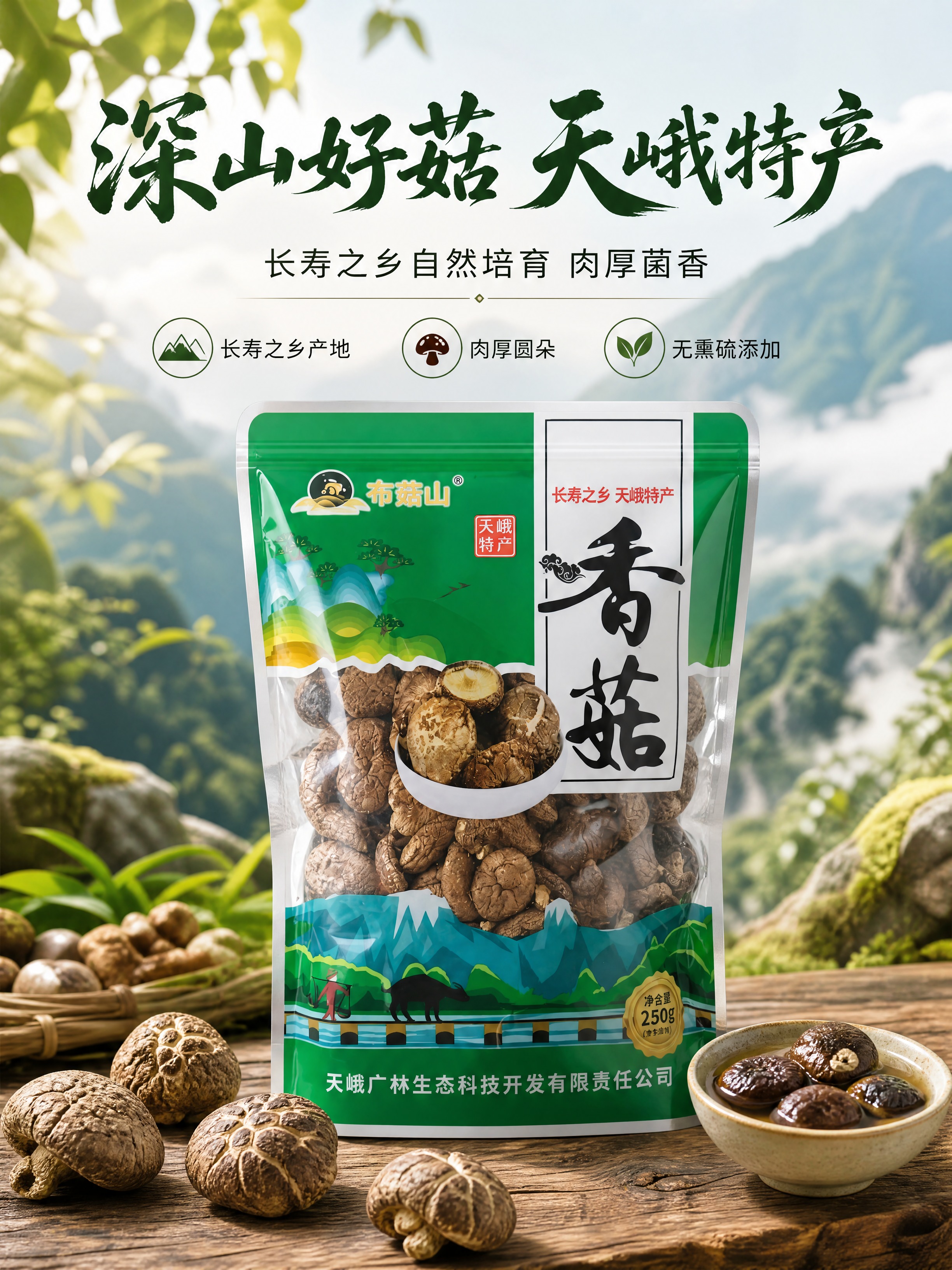 [商品] 使用【图2】布菇山天峨干香菇250g自立袋正面包装；… - 图片创意预览