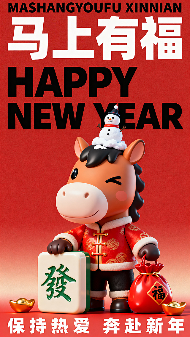 软3D风卡通马拟人形象，身着国潮红衣，头顶雪人，手持“发”字麻将与福袋，喜庆可爱，传递新年祝福。