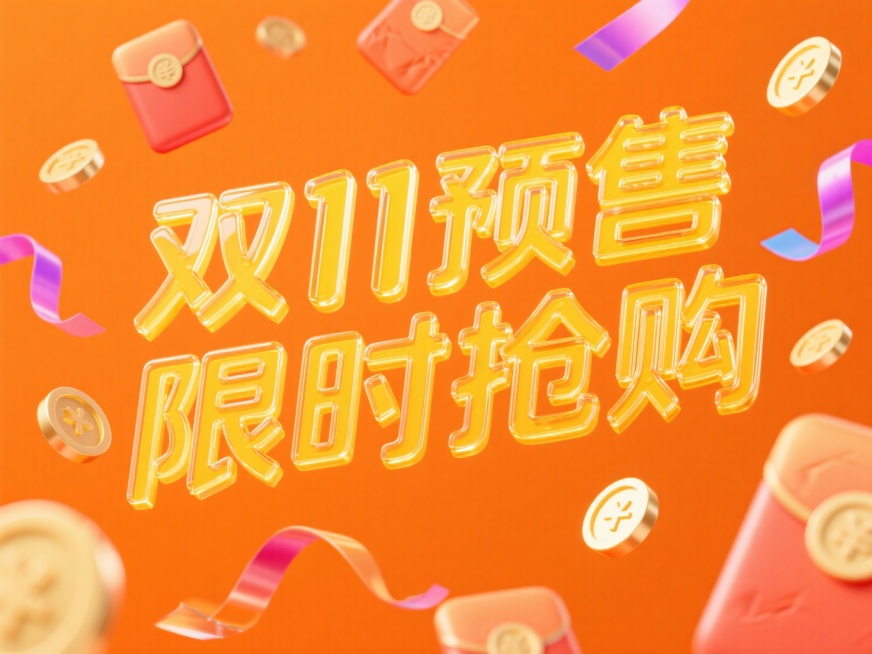 黄色玻璃艺术字"双11预售 限时抢购"。周围漂浮点缀红包、金币、彩带等促销元素，线条流畅，橙色背景，高纯度配色。预览效果