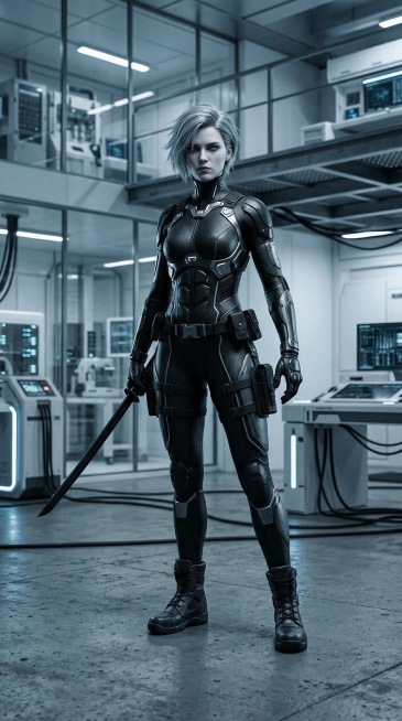 24岁女性B级半机械幽灵刺客，八头身纤细敏捷身材，银灰色短发，瓜子脸，冷白肤色，穿着黑银配色弹性隐身纤维材质的潜行紧身衣，处于白色纯背景中，以潜伏站姿自然站立，露出鞋子，情绪冰冷无情、杀伐果断，冷冽幽预览效果