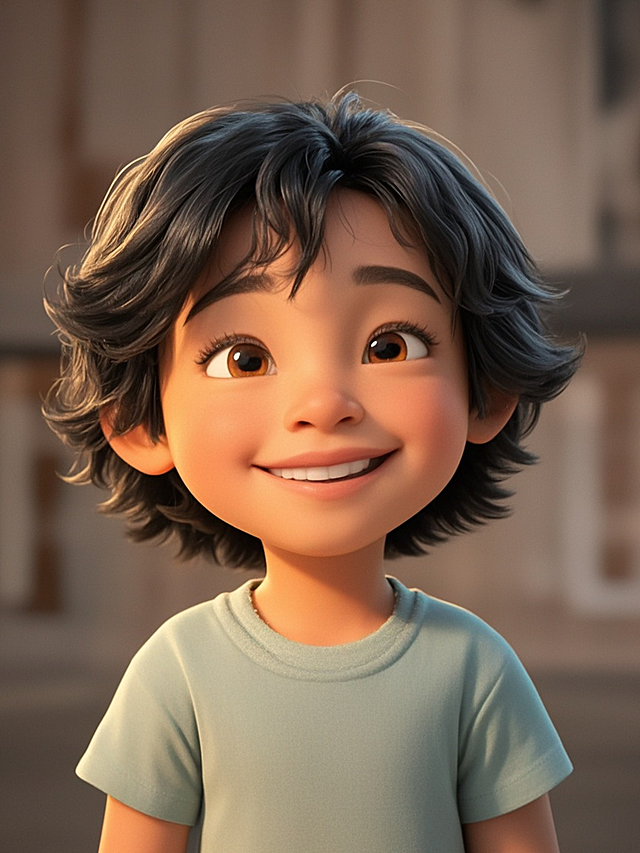 可爱卡通男孩，动漫风格设计，温暖笑容传递欢乐氛围。