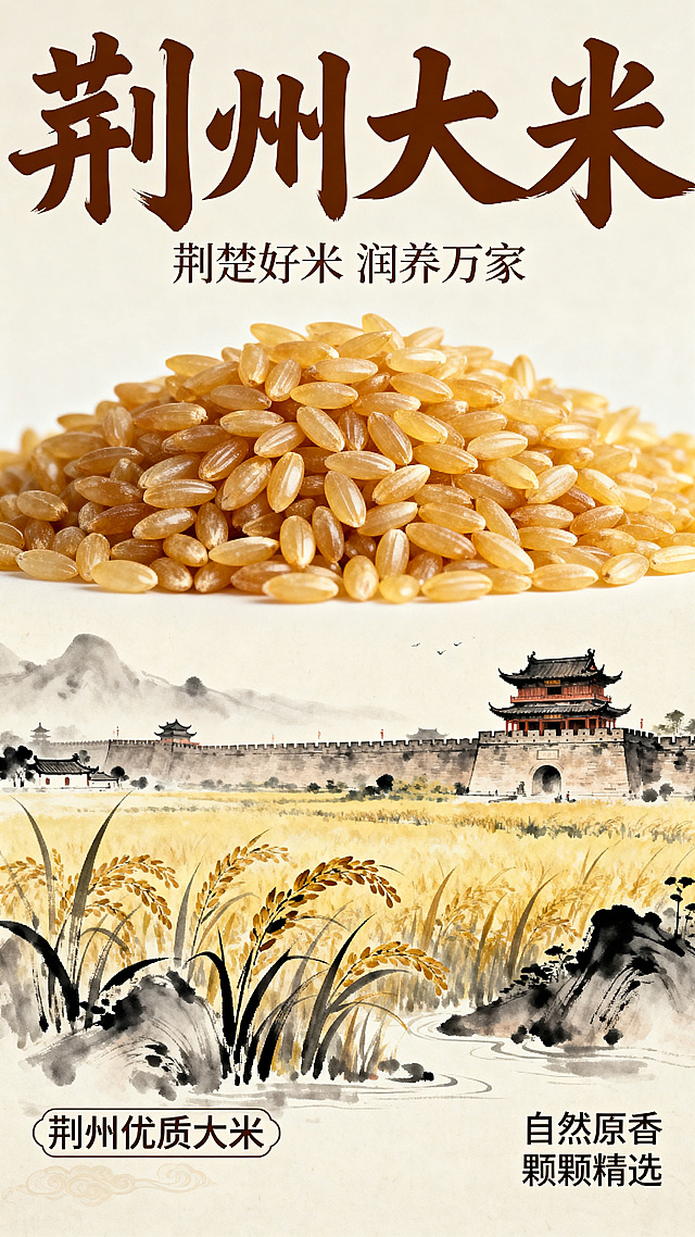 水墨风插画，融合古典建筑与稻田意象，工笔细节展现荆楚风情，质朴清新中透出国潮韵味，传递自然原香的文艺感。