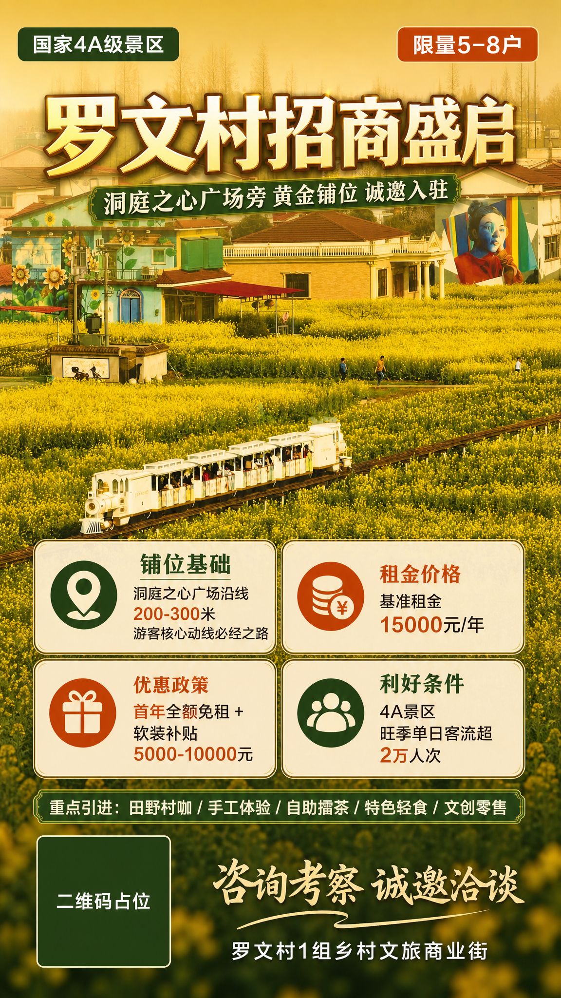 基于罗文村涂鸦艺术村油菜花田与小火车的真实风景照片，制作一张竖… - 图片创意预览