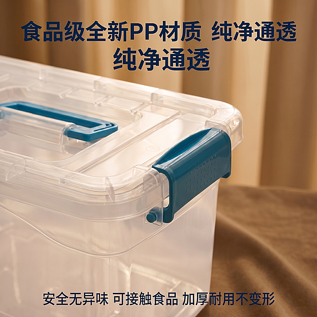 加深产品和背景的颜色对比度，让透明收纳盒主体更突出，整体风格仍保持温馨舒适家居治愈风，不改变原有构图、文字排版和产品结构，只调整背景和产品的色彩对比