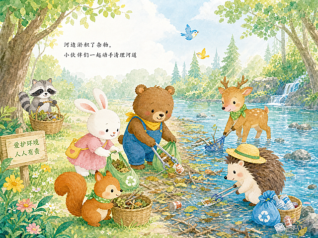 儿童故事绘本内页，环保主题，水彩风格，延续前面的小熊、兔子角色画风，森林河流边堆满了落叶和杂物，小动物们在岸边合力清理河道，阳光明媚氛围温馨，文字内容"河边淤积了杂物，小伙伴们一起动手清理河道"