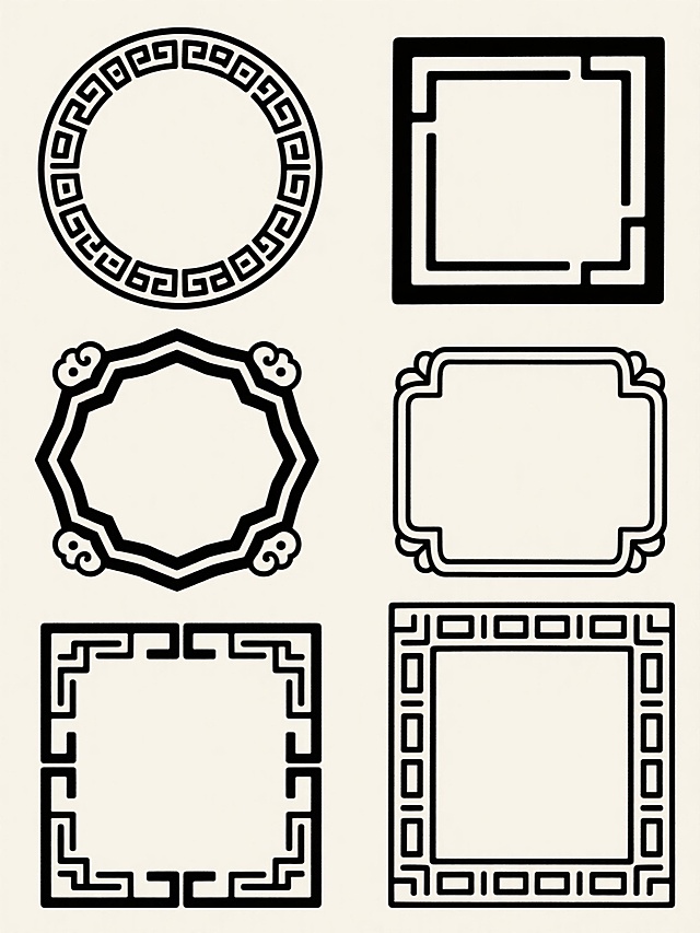 六款具有浓郁国风风格的传统边框图案，包含圆形云纹边框、圆形回纹边框、正八边形几何边框、方形如意纹角边框、方形回纹角边框、方形连续回纹边框，均为纯黑色线条勾勒，线条粗细均匀，图案对称工整，边框内部为空白区域，整体呈现简洁古朴的中式装饰美感，适合用于传统纹样设计、古籍装帧或中式风格装饰元素。