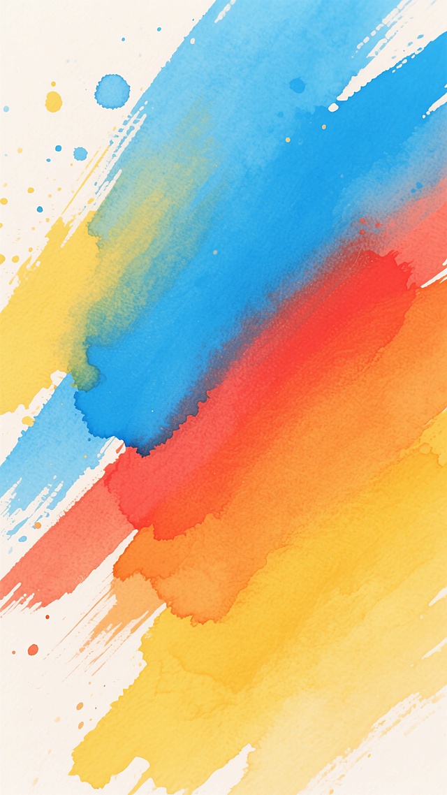抽象水彩风格背景，以明亮的蓝色、黄色、橙色和红色为主色调，色彩间自然渐变融合，呈现出干净明快的视觉效果。画面具有明显的水彩笔触质感，笔触方向整体从左上角向右下角倾斜，带有自然的纹理和飞溅效果。色彩过渡柔和，没有明显的硬边缘，整体氛围轻松愉悦，适合作为背景使用。