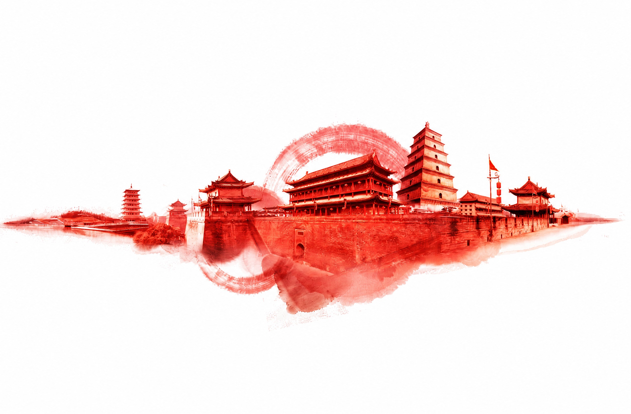 参考图中的西安古建筑群水墨长卷风格，保持建筑布局和水墨笔触晕染… - 图片创意预览
