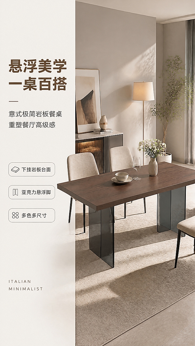 [第1张] 详情页头图-意式极简岩板亚克力脚餐桌餐厅整屋场景主视觉。本张使用【图1】黑胡桃色桌面+黑色亚克力脚餐桌作为商品主体，保持产品结构、比例、材质质感与原图一致。
[氛围/风格] 意式极简轻奢风，高级质感，暖调午后自然光，商业摄影级画质，静谧高级的餐厅氛围。
[元素布局] 左文右景型版式。右侧约2/3区域为现代轻奢餐厅大场景：黑胡桃色岩板餐桌居中摆放，桌上有简约陶瓷餐具、玻璃酒杯、一小束白色花艺；背景为浅灰色墙面+米色布艺餐椅+侧边餐边柜+落地灯+绿植，三层软装层次丰富。餐桌物理结构、下挂岩板厚度、黑色亚克力双片脚架形状与原图完全一致，主体占比约55%。左侧约1/3为文案区，浅米灰底色。
[光影质感] 左侧45°暖调自然光入射，桌面有柔和高光反射，亚克力脚架有通透光影，餐桌底部有自然柔和投影，整体明亮通透有层次。
[配色色系] 全局底色 #F5F2ED（米灰）；主色黑胡桃木棕+黑色亚克力；辅助色米白、浅灰、暖金点缀。
[视角构图] 微俯视45°角，餐桌为视觉中心，阅读动线从左上标题→右侧餐桌→底部信息条。
[文字版式] 左侧竖列文案区。主标题「悬浮美学 一桌百搭」，大字号粗黑体，深棕色；副标题「意式极简岩板餐桌 重塑餐厅高级感」，中号细黑体，深灰色；下方3条亮点胶囊框：「下挂岩板台面」「亚克力悬浮脚」「多色多尺寸」，配简约线性图标；底部英文角标「ITALIAN MINIMALIST」，小号无衬线字体。文字不遮挡产品主体。
[比例分辨率] 9:16竖版比例，4K分辨率，文字清晰可辨，高清画质。
[负向提示词] 餐桌变形，结构错误，缺件错件，颜色偏差，水印，文字错乱，文字过小，产品图模糊，背景杂乱，人物畸形。