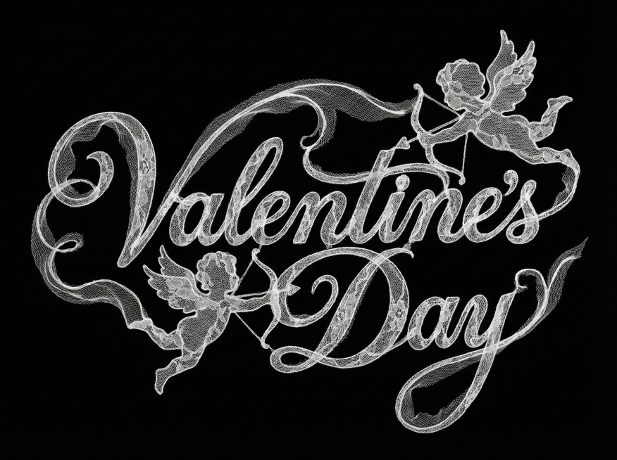 主体“Valentine's Day ”，流畅连笔花体的白色艺术字，笔画纤细（字间笔画连接、首尾延长带装饰感），结合丘比特形象进行设计。整体采用白色蕾丝材质（呈现最高透明度与透气性，形成极其轻薄飘逸的预览效果
