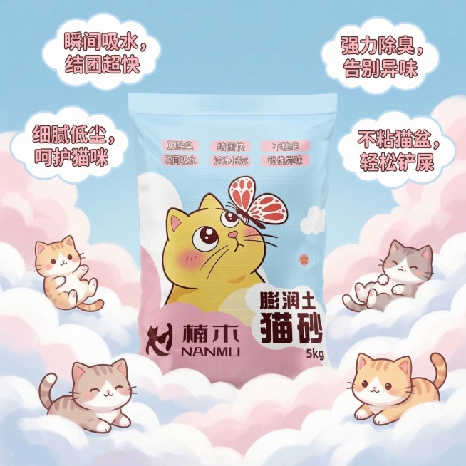 基于现有猫砂袋图片，制作拼多多1:1主图，风格可爱，添加卖点文字“瞬间吸水，结团超快”“强力除臭，告别异味”“细腻低尘，呵护猫咪”“不粘猫盆，轻松铲屎”，画面搭配软萌云朵和小猫咪元素，色彩柔和清新预览效果