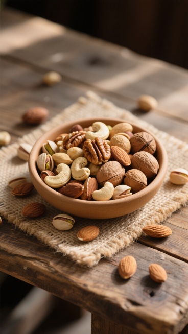 高清写实风格摄影，多种混合坚果（包括腰果、杏仁、核桃、碧根果、开心果等），重新布局的坚果组合，浅棕色陶制碗盛满坚果置于画面中心，部分坚果散落在碗的周围，粗麻布餐垫铺在复古做旧木质桌面上，温暖柔和的自然光从斜上方照射，形成清晰自然的光影层次和柔和阴影，坚果外壳纹理细节丰富，整体色调为原木色、棕色和坚果自然色泽的和谐搭配，营造出质朴、健康、原生态的氛围，画面构图饱满均衡，焦点清晰突出坚果的质感与新……预览效果