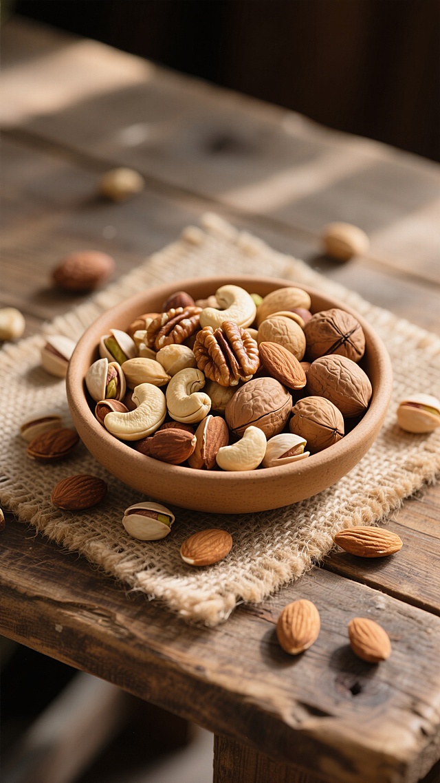 高清写实风格摄影，多种混合坚果（包括腰果、杏仁、核桃、碧根果、开心果等），重新布局的坚果组合，浅棕色陶制碗盛满坚果置于画面中心，部分坚果散落在碗的周围，粗麻布餐垫铺在复古做旧木质桌面上，温暖柔和的自然光从斜上方照射，形成清晰自然的光影层次和柔和阴影，坚果外壳纹理细节丰富，整体色调为原木色、棕色和坚果自然色泽的和谐搭配，营造出质朴、健康、原生态的氛围，画面构图饱满均衡，焦点清晰突出坚果的质感与新鲜感。
