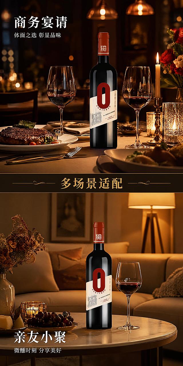 [第5张] 详情页场景种草-万粒庄园赤霞珠干红葡萄酒饮用场景。本张使用【图2】作为商品主体，保持瓶身一致。
[氛围/风格] 精致生活方式场景，商务宴请+亲友小聚双场景拼图，温暖高级氛围。
[元素布局] 上下两段竖拼场景。上段：精致西餐厅餐桌场景，红酒瓶【图2】置于餐桌中央，旁边两只红酒杯，烛光摇曳，牛排与餐具点缀，暖黄灯光，占画面约50%；下段：居家客厅场景，红酒瓶与酒杯放在茶几上，背景是柔和的沙发和落地灯，温馨舒适，占画面约50%；两段中间用金色细横线和「多场景适配」文字分隔。
[光影质感] 上段暖黄烛光+餐厅吊灯，温馨浪漫；下段落地灯暖光，柔和舒适；整体统一暖色调，光影自然，产品在两个场景中都清晰可辨。
[配色色系] 全局底色 #F5EDE3 暖米；主色暖黄灯光、酒红；辅助色金色 #B8860B、深棕、米白。
[视角构图] 上下两段竖拼，每段独立场景，阅读动线上段商务宴请 → 下段居家小聚。
[文字版式] 上段左上角文字：主标题「商务宴请」，宋体，白色带阴影；副标题「体面之选 彰显品味」；下段左下角文字：主标题「亲友小聚」，宋体，白色带阴影；副标题「微醺时刻 分享美好」；中间分隔带文字「多场景适配」，宋体，金色；字形字色与全套统一。
[比例分辨率] 1:2 竖版长图比例，4K 分辨率，文字清晰可辨，高清画质。
[负向提示词] 瓶身变形，标签错乱，场景不真实，水印，文字过小，颜色偏差。