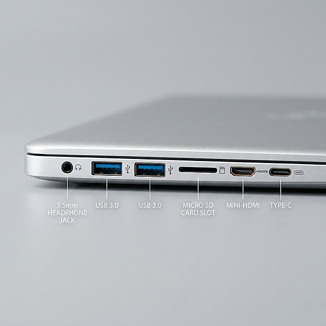 Extreme close-up shot of the side interface area of the silver 14-inch laptop, show all ports clearly: 2 x USB 3.0, Type-C, Mini-HDMI, 3.5mm Headphone Jack, Micro SD Card Slot. Use a subtle magnification effect to highlight the rich interface expansion capability. Add text labels for each port next to it, all text is English, clean thin lines, small icons for each port type. Background is light gray, consistent low saturation style, highlight product details, commercial product photography.