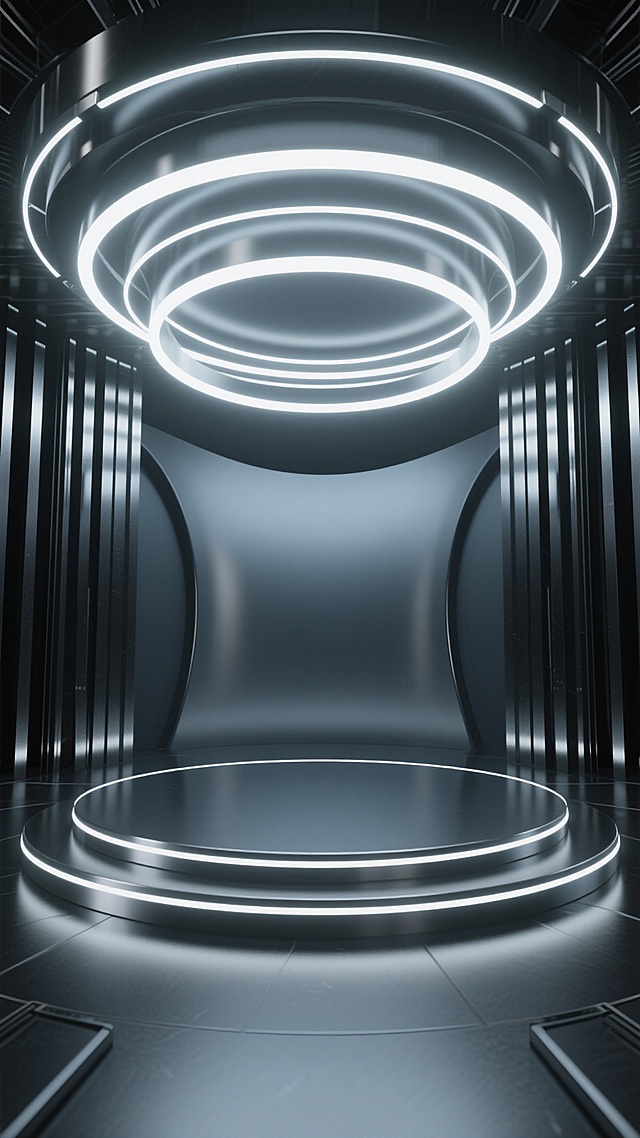 3D渲染的未来主义舞台场景，采用深色系金属质感基调，中央为圆形平台，平台边缘及上方环绕着多圈明亮的白色LED灯带，两侧是垂直排列的黑色金属条板结构，背景为光滑的深灰色曲面，整体呈现出强烈的科技感与未来感，光影对比鲜明，光源集中于灯带并形成柔和的反射效果，舞台设计简洁大气且具有强烈的空间纵深感，适合作为展示或表演的高科技舞台背景。