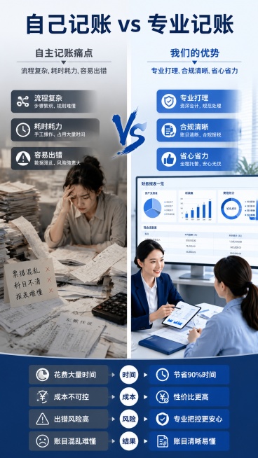 [第2屏] 痛点场景对比，展示自主记账痛点和专业记账优势对比。本屏参考【图1】的对比版式生成。
[氛围/风格] 直观对比风，专业清晰，通过左右对比突出问题与解决方案。
[元素布局] 页面左右分栏对比布预览效果
