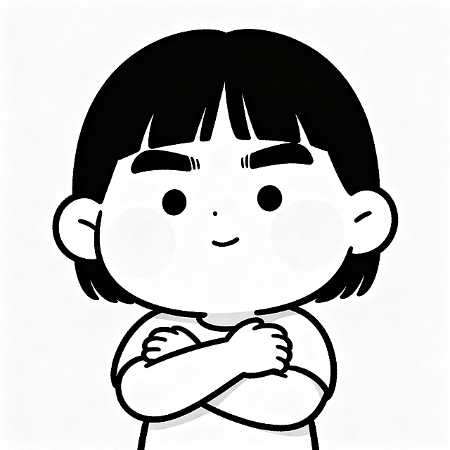 根据参考面部特征：黑色中分短发，圆润脸型，浓眉，肤色偏白，设计成Q版卡通人物形象，人物保持双手抱胸姿势，纯色背景，卡通插画风格