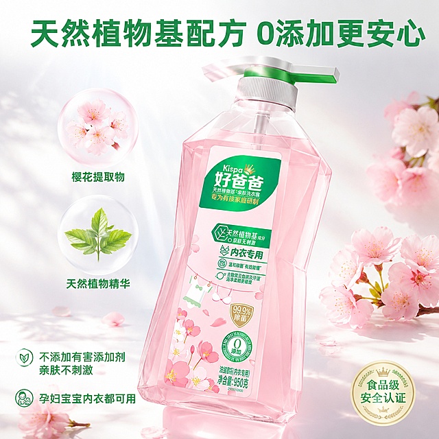 [主图-3] 成分材质安全展示主图；[氛围风格] 纯净安心感；[画质] 商业摄影质感、光线柔和通透、产品清晰真实、画面干净高级；[元素] 好爸爸洗衣露侧放，用侧逆光展示瓶内粉色液体的清透纯净质感，周围环绕天然成分小图标：樱花提取物、天然植物精华，点缀新鲜樱花装饰。保持产品外观与输入产品图绝对一致，杜绝任何变形和色差，精细化处理。商品主体占比约60%。[光影] 侧逆光勾勒瓶身轮廓，突出液体清透感，整体明亮干净。[配色] 浅白色背景，搭配粉色液体本身色彩和绿色文案，清新干净。[视角构图] 侧光平视构图，突出液体清透细节。[文字版式] 顶部标题“天然植物基配方 0添加更安心”，绿色粗体；左下角文字说明“不添加有害添加剂 亲肤不刺激”“孕妇宝宝内衣都可用”，分两行排列；右下角放置“食品级安全认证”徽章图案，小巧不遮挡主体。[比例分辨率] 1:1 比例，4k 分辨率；文字清晰锐利，画面超高清。[负向提示词] 变形，文字错乱，产品图模糊，背景杂乱，水印，电商平台Logo。