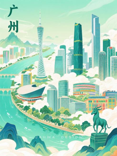 参考原图国潮插画风格，绘制广州城市地标，删除圣心大教堂，保留广州塔、五羊石像、珠江和现代摩天建筑群，整体为清新国潮插画风格，左上角保留广州文字，保留整体构图和色彩预览效果