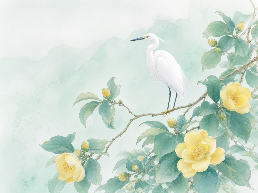 轻国风淡彩插画，广西金花茶，枝头站着一只优雅白鹭，柔和青绿色调，画面干净留白，清新治愈，没有任何文字，高清细腻，文创插画预览效果