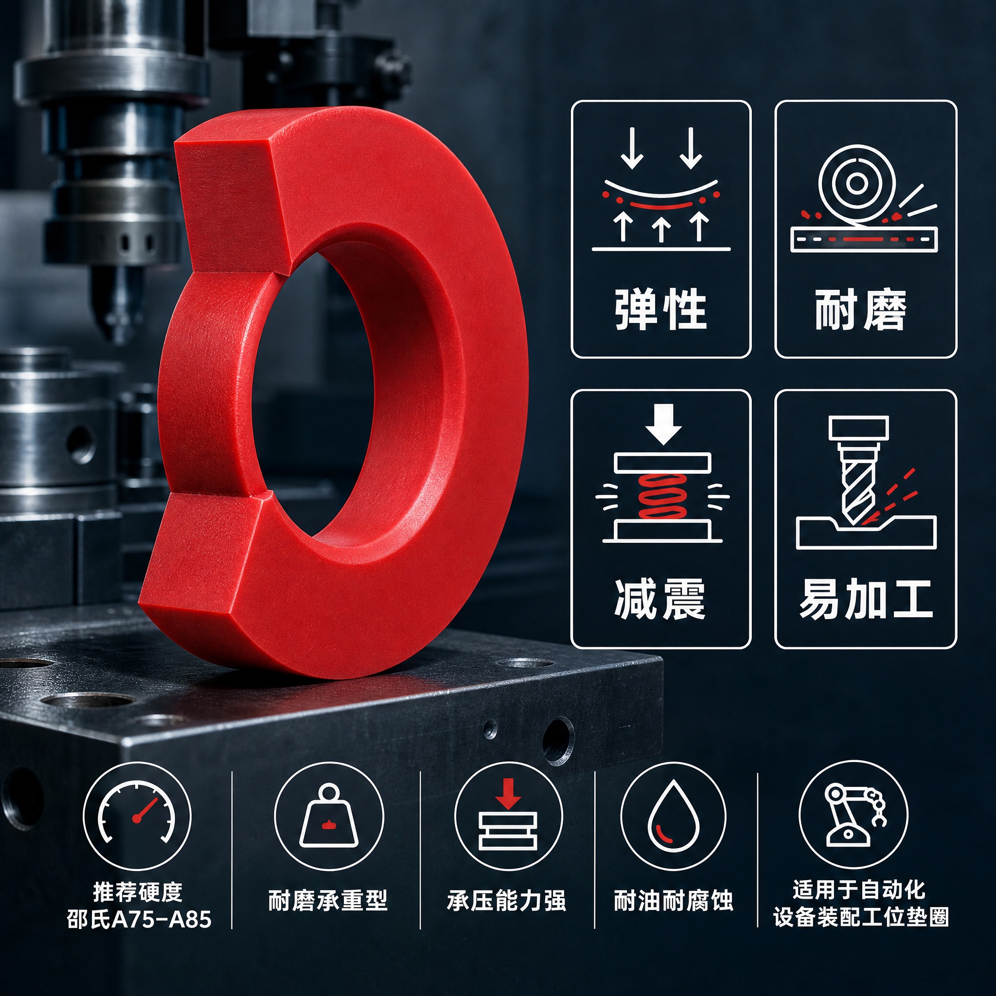 [主图-3] 材质卖点图，机械装配场景风，突出实心红PU的四大… - 图片创意预览