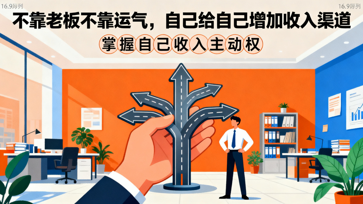 16:9比例，手绘扁平风海报，主标题："不靠老板不靠运气，自己给自己增加收入渠道"，副标题：掌握自己收入主动权，主副标题分明，字体采用黑体和圆体，颜色对比分明，画面元素：手掌握着多条道路分叉图形元素，预览效果