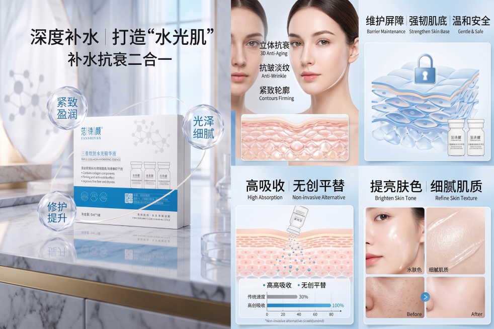根据此图制作一套产品的天猫级别的详情图，主要从核心功效：补水抗衰二合一，深度补水，打造“水光肌”，抗皱淡纹，紧致轮廓，维护屏障，强韧肌底，提亮肤色，细腻肌质，核心卖点：立体抗衰，高吸收，无创平替、温和预览效果