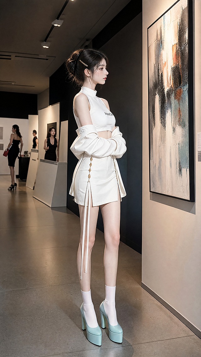 illustration, best quality, ultra-detailed, super detailed skin, extremely detailed, 8K, solo, 1girl, full body, Fashionable and trendy style, A beautiful girl dressed in fashionable fashion is admiring a painting in the exhibition hall, High heels, socks, long legs, straight, beautifully whiter skin, Perfect body shape, Fashionable and trendy attire