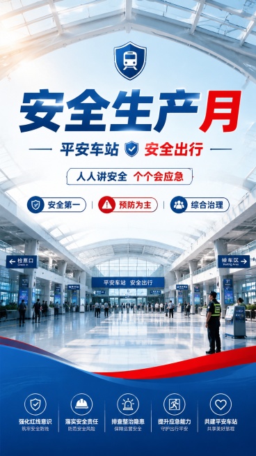 写实商业摄影风格，车站安全生产月宣传海报，主标题“安全生产月”，副标题“平安车站 安全出行”，装饰文案“人人讲安全 个个会应急”，卖点标签：安全第一、预防为主、综合治理。画面采用安全蓝与警示红搭配，主预览效果