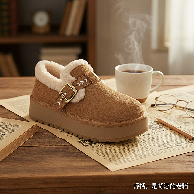 视觉布局： 鞋子放置在安静的生活或阅读场景中。例如：一张铺有旧报纸或英文书页的木桌旁，旁边有一杯冒着热气的咖啡、一副细框眼镜、一支铅笔。鞋子作为场景的一部分自然存在。

文案： 画面一角添加小字：「舒适，是思考的延伸」。

目的： 营造安静、有知识感的氛围，让目标客户产生身份和场景认同。