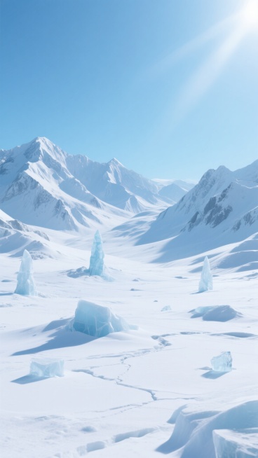 高分辨率3D渲染风格的雪山风景，纯净的蓝白主色调，晴朗无云的明亮天空，阳光从左上方照射形成清晰的明暗对比，远处连绵起伏的雪山群峰覆盖着厚实的积雪，山脊线锐利分明，近处雪原上点缀着不规则的冰丘和冰裂纹，增添几座小型冰塔林和漂浮的薄冰，整体呈现极致的宁静与圣洁氛围，光影柔和，雪面质感细腻有自然起伏的纹理，无任何文字和标识。预览效果