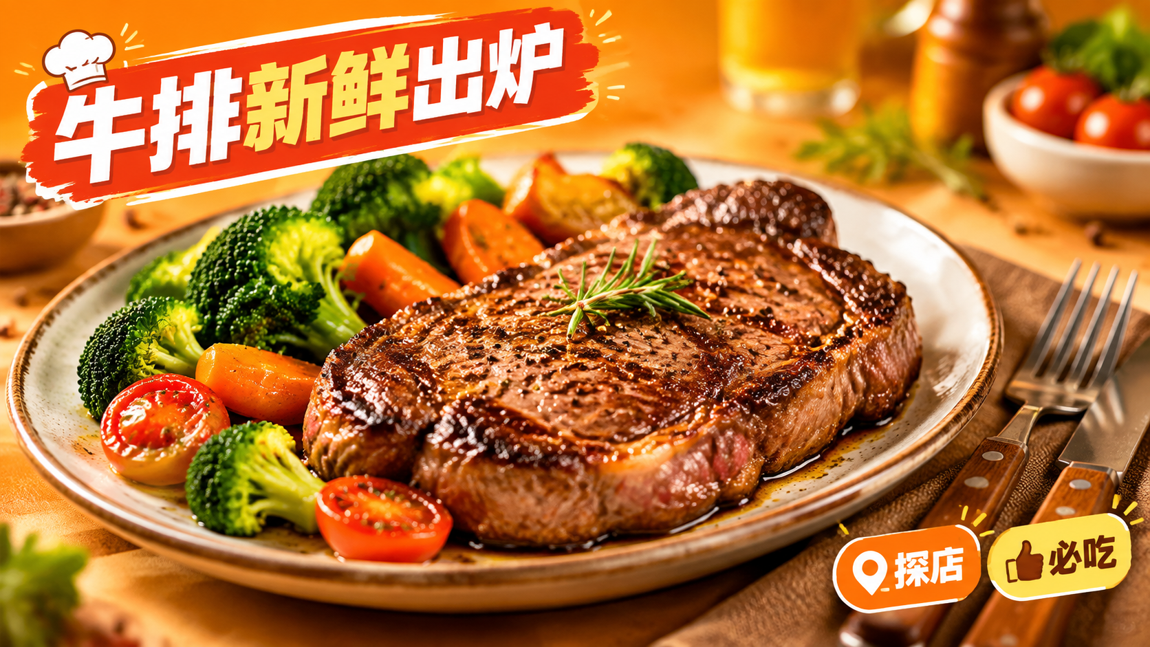 活力美食风格，暖橙色背景，画面中心是一盘色泽诱人的牛排，牛排表… - 图片创意预览