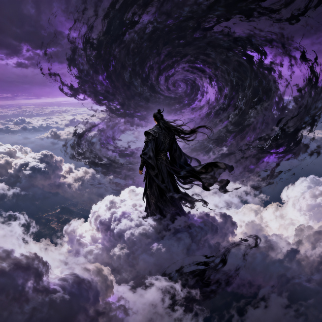 玄幻风格网络小说封面，九天云霄之上，魔气翻涌，魔尊伫立云端背影，气势磅礴，暗黑玄幻画风，无文字，充满张力预览效果