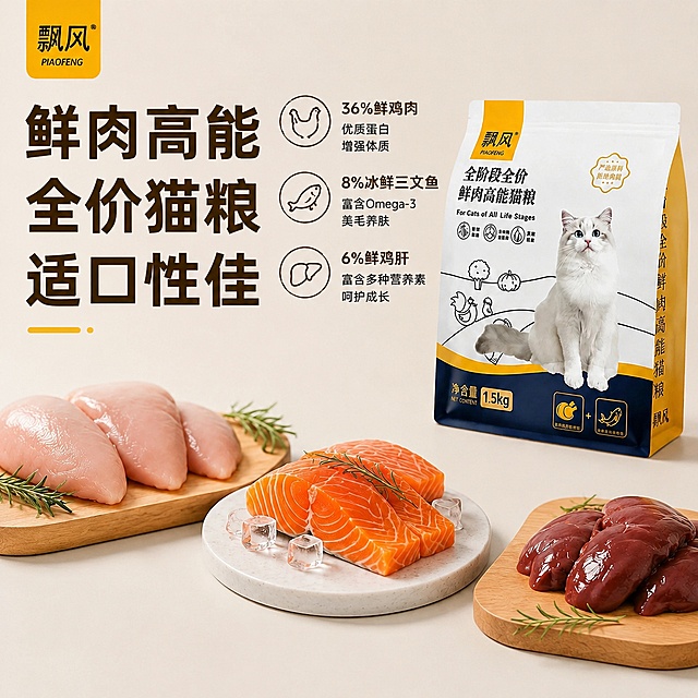 [主图修改] 保留原材料，移除三个小碗，修改标题
[氛围风格] 清晰展示新鲜原材料，突出产品卖点
[画质] 商业摄影质感、光线柔和通透、产品清晰真实、画面干净高级
[元素] 保留背景三块砧板上的原材料：鲜鸡肉、冰鲜三文鱼块、鲜鸡肝。移除前景下方三个白碗的猫粮颗粒。保留右侧完整的猫粮包装袋，保持产品外观颜色结构和原图一致，无变形。左上角保留飘风品牌Logo。
[光影] 自然柔和光线，突出新鲜原材料的色泽和质感
[配色] 保留原浅米色背景，色彩自然干净
[视角构图] 产品包装袋在右侧，原材料从左到右下半部分摆放，左侧上半部分作为标题区域，布局平衡
[文字版式] 顶部大字主标题分三行：第一行"鲜肉高能"，第二行"全价猫粮"，第三行"适口性佳"，全部采用深棕色粗体，字号依次调整突出层级，清晰不遮挡原材料和产品主体。三个成分图标及文字（36%鲜鸡肉+8%冰鲜三文鱼+6%鲜鸡肝）保留在标题右侧区域，说明清晰不变。所有文字清晰可读
[比例分辨率] 1:1 比例，2048px 分辨率，文字清晰锐利，超高清
[负向提示词] 变形，文字错乱，产品图模糊，背景杂乱，水印，电商平台Logo
