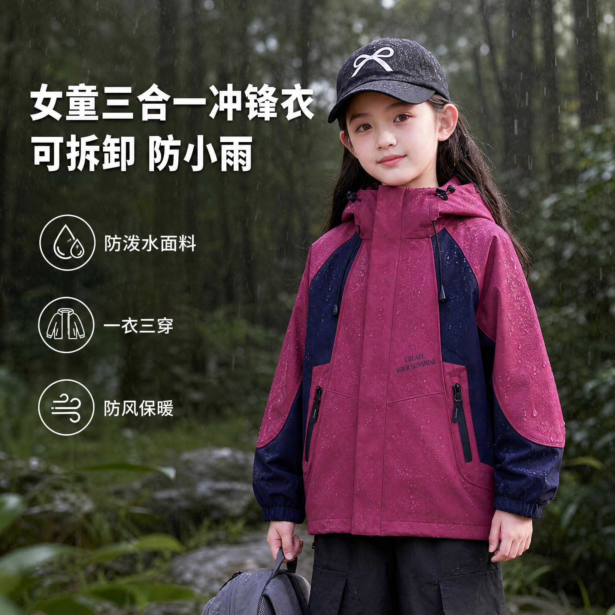 [单张主图] 女童冲锋衣 三合一 可拆卸 高级氛围感主图 小雨… - 图片创意预览