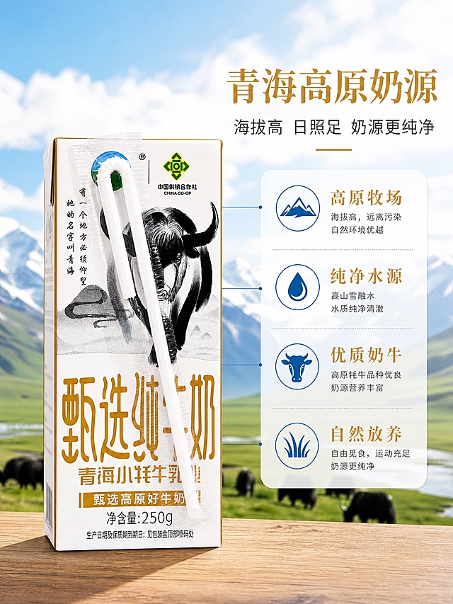 [商品] 使用【图2】两盒甄选纯牛奶单盒特写图；保留盒体结构、比例、颜色、材质、Logo、所有包装文字和水墨牦牛图案，不做任何改写或替换；修复画面使其更清晰明亮，增强纸盒质感与白色底色纯净度，吸管包装自然真实。
[画面] 目标：产地奶源展示页，主打青海高原奶源优势，用产地场景强化产品价值。构图：左图右文（左右分栏），左侧产品占画面约50%，右侧为产地信息区；背景为青海高原实景——蓝天白云、连绵雪山、绿色草甸与牦牛群的虚化合成画面，营造产地直供的纯净感；产品放置于前景木质台面上，有自然投影。前中后景层次分明：前景产品、中景草甸、远景雪山天空。
[视觉] 套系策略：风格=清晰明亮的食品商业摄影风，高原自然氛围感；标题字=现代简约宋体粗体，有品质感；正文字=简洁无衬线体；主色=奶白+暖金（取自包装金色字体）；背景延展=基于奶白色做浅渐变，融入淡蓝天空与浅灰山脉层次；强调色=高原蓝，仅用于小面积图标、引线和标签；标题色=深暖金；正文色=深炭灰；组件=圆角浅底信息卡、细线引线、小图标；光影=左前侧柔和自然光，产品受光均匀，阴影柔和，整体画面通透明亮。
[文字] 主标题「青海高原奶源」（≤10字），副标题「海拔高 日照足 奶源更纯净」；右侧配4个信息点：「高原牧场」「纯净水源」「优质奶牛」「自然放养」；文字全部横向排版，位于右侧信息卡内，字号保证手机端清晰可读，不遮挡产品。
[规格] 国内电商详情页比例3:4竖版，4K分辨率，负向提示：避免变形、模糊、错字、文字过小、暗部死黑、包装文字错乱、产品颜色偏色、虚假宣传、医疗功效承诺、水印、二维码。