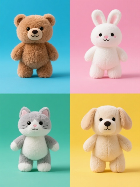 四个不同颜色纯色背景的毛绒玩具系列素材集合，每个背景分别为蓝色、粉色、黄色、绿色，画面整体色彩明快鲜艳，每个背景上有一个不同种类的可爱毛绒玩具，分别是棕色小熊、白色兔子、灰色小猫、米色小狗，所有毛绒玩具都具有圆润的外形、柔软的短绒毛质感、黑色圆圆的眼睛和可爱的表情，保持正面站立姿势，四个毛绒玩具呈2x2网格规整排布，整体风格统一为写实的儿童玩具摄影风格，光线明亮柔和，阴影清晰自然，突出毛绒材质……预览效果