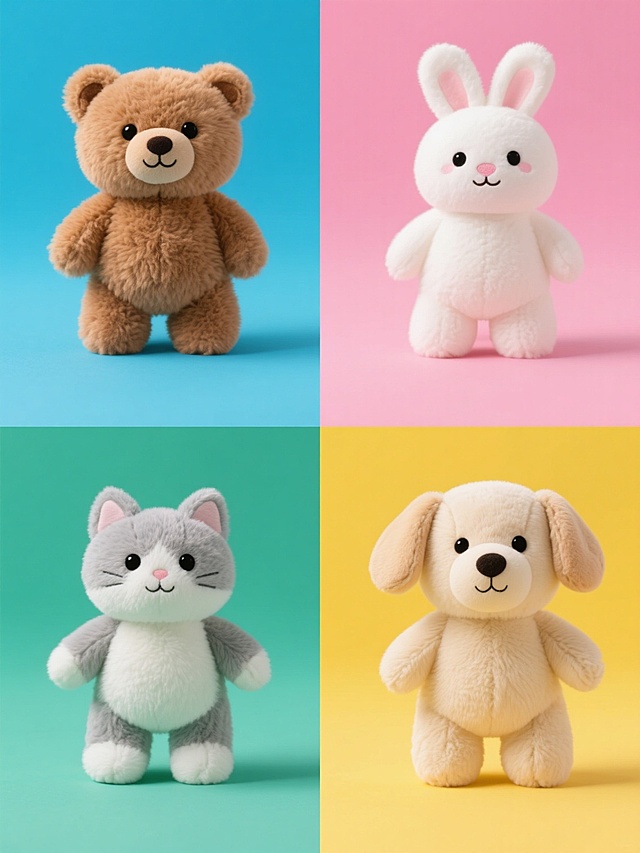 四个不同颜色纯色背景的毛绒玩具系列素材集合，每个背景分别为蓝色、粉色、黄色、绿色，画面整体色彩明快鲜艳，每个背景上有一个不同种类的可爱毛绒玩具，分别是棕色小熊、白色兔子、灰色小猫、米色小狗，所有毛绒玩具都具有圆润的外形、柔软的短绒毛质感、黑色圆圆的眼睛和可爱的表情，保持正面站立姿势，四个毛绒玩具呈2x2网格规整排布，整体风格统一为写实的儿童玩具摄影风格，光线明亮柔和，阴影清晰自然，突出毛绒材质的柔软触感和可爱氛围。