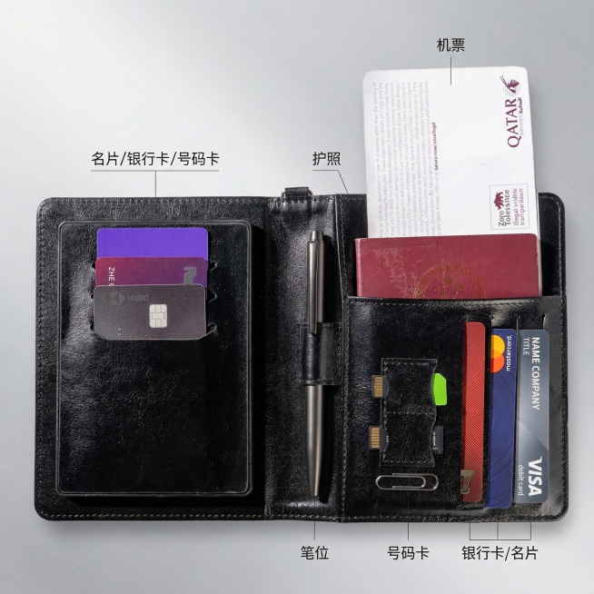 制作一张电商主图，展示这款黑色多功能护照夹，打开状态展示收纳功能，可以看到里面放置了名片、银行卡、号码卡、护照和机票，保持产品清晰质感，简约科技商务风格，干净浅灰渐变背景，突出产品多功能收纳卖点，整体预览效果