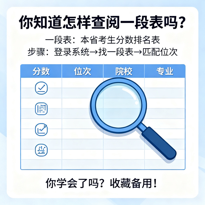 高考志愿填报科普图，1:1正方形，浅蓝白色实用指导风格，字体用无衬线体，背景是简化一段表表格，列有分数、位次、院校、专业栏目，表格上方放置放大镜图标，表格旁标注三个步骤图标：1登录省考试院系统，2找到预览效果