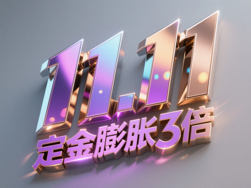 主标题”11.11预售"，不锈钢材质，边缘镜面倒角产生光刃效果。副标题”定金膨胀3倍"紫金渐变铝材表面，激光雕刻文字凹陷处透出呼吸光效。背景灰色，主标题表面反射霓虹色散光斑预览效果